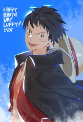 Rule 34 | 1boy, black cape, black eyes, black hair, cape, collared cape, commentary, english commentary, grin, happy birthday, hat, looking at viewer, male focus, monkey d. luffy, one piece, open clothes, open shirt, raine (acke2445), red shirt, scar, scar on face, shirt, short hair, sky, smile, solo, straw hat, upper body