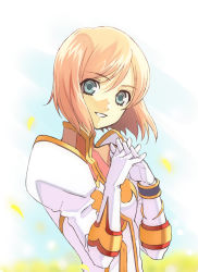 Rule 34 | 1girl, blue eyes, estellise sidos heurassein, fingers together, gloves, looking at viewer, pink hair, short hair, smile, solo, tales of (series), tales of vesperia, tomaty., white gloves