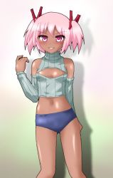 Rule 34 | 10s, 1girl, bare legs, bare shoulders, cleavage cutout, clothing cutout, dark-skinned female, dark skin, detached sleeves, grin, hayashiya zankurou, kaname madoka, looking at viewer, mahou shoujo madoka magica, mahou shoujo madoka magica (anime), meme attire, midriff, naughty face, navel, open-chest sweater, pink eyes, pink hair, ribbed sweater, sleeveless, sleeveless turtleneck, smile, solo, sweater, tan, turtleneck, twintails
