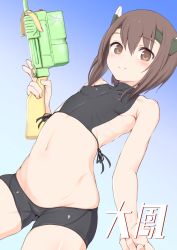 Rule 34 | 10s, 1girl, bike shorts, blush, brown eyes, brown hair, collarbone, commentary request, flat chest, gradient background, headband, headgear, highres, kantai collection, looking at viewer, lowleg, lowleg shorts, makabe gorou, navel, revision, ribs, short hair, shorts, smile, solo, stomach, taihou (kancolle), water gun