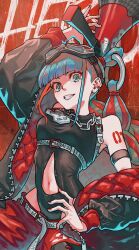 Rule 34 | 1girl, 39, aqua eyes, aqua hair, arm up, baggy pants, belt, black jacket, black leotard, blunt bangs, braid, chain, chain necklace, chest harness, clothing cutout, commentary, copyright name, cowboy shot, down jacket, goggles, goggles on head, graffiti, grin, gyoranden, hand on own hip, harness, hatsune miku, highres, hip vent, holding, holding megaphone, jacket, jewelry, leotard, long hair, looking at viewer, magical mirai (vocaloid), magical mirai miku, magical mirai miku (2023), megaphone, multicolored hair, navel, necklace, open clothes, open jacket, pants, red background, red hair, red jacket, red nails, red pants, ring hair ornament, ringed eyes, shadow, smile, solo, stomach cutout, twin braids, two-sided fabric, two-sided jacket, two-tone hair, very long hair, vocaloid