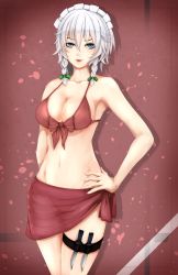 Rule 34 | 1girl, arm at side, armpits, bad id, bad pixiv id, bikini, blue eyes, braid, breasts, cleavage, collarbone, front-tie bikini top, front-tie top, hair ribbon, hand on own hip, highres, izayoi sakuya, large breasts, leg belt, lips, maid headdress, north, parted lips, red bikini, ribbon, sarong, sideboob, silver hair, smile, solo, stomach, swimsuit, touhou, tress ribbon, twin braids