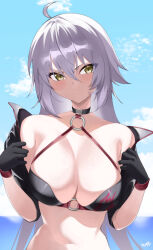 Rule 34 | 1girl, absurdres, ahoge, bare shoulders, bikini, black bikini, black gloves, black jacket, blue sky, blush, breasts, choker, cleavage, collarbone, cropped jacket, fate/grand order, fate (series), gloves, grey hair, highres, jacket, jeanne d&#039;arc alter (fate), jeanne d&#039;arc alter (swimsuit berserker) (fate), kurozawa yui, large breasts, long hair, long sleeves, looking to the side, navel, o-ring, o-ring bikini, off shoulder, shrug (clothing), sky, solo, swimsuit, very long hair, yellow eyes