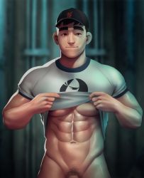 Rule 34 | 1boy, abs, bara, baseball cap, big hero 6, black hair, blurry, blurry background, bottomless, closed mouth, clothes lift, hat, highres, large pectorals, lifted by self, looking at viewer, male focus, male pubic hair, muscular, muscular male, naked shirt, navel, nerdyart1, nipples, no male underwear, pectorals, pubic hair, shirt, shirt lift, short hair, solo, tadashi hamada, thick eyebrows, white shirt