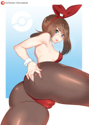Rule 34 | 1girl, animal ears, ass, ass grab, bare shoulders, blue eyes, breasts, brown hair, brown pantyhose, cameltoe, creatures (company), deep skin, eyes visible through hair, fake animal ears, from behind, game freak, grabbing own ass, leotard, looking at viewer, looking back, may (pokemon), may (pokemon oras), medium breasts, nintendo, pantyhose, playboy bunny, pokemon, pokemon oras, rabbit ears, red leotard, shiny skin, short hair, solo, strapless, strapless leotard, tofuubear, wrist cuffs