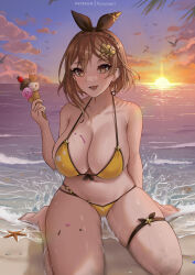 1girl :d artist_name atelier_(series) atelier_ryza atelier_ryza_3 beach bikini black_hairband braid breasts brown_hair commentary crown_braid english_commentary hair_ornament hairband hairclip highres holding holding_ice_cream_cone ice_cream_cone large_breasts navel ocean open_mouth outdoors patreon_username reisalin_stout ryuuneart short_hair sitting smile solo starfish sun sunset swimsuit thigh_strap wariza yellow_bikini