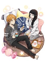 Rule 34 | 1boy, 1girl, bad source, barefoot, black eyes, black hair, black pants, brother and sister, bungou stray dogs, candy, carpet, chips (food), cup, fingernails, food, holding, holding cup, long sleeves, mole, mole under eye, official art, orange hair, pajamas, pants, pillow, siblings, smile, star (symbol), star-shaped pillow, tanizaki junichirou (bungou stray dogs), tanizaki naomi, teapot, toenails, toes, transparent background