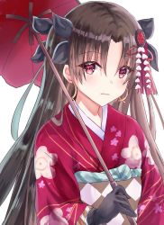 Rule 34 | 1girl, akaya (pixiv20545353), black gloves, black ribbon, blush, brown hair, earrings, fate/hollow ataraxia, fate (series), floral print, gloves, hair between eyes, hair ribbon, highres, holding, holding umbrella, ishtar (fate), ishtar (formal dress) (fate), japanese clothes, jewelry, kimono, long hair, looking at viewer, parted lips, red eyes, red kimono, red umbrella, ribbon, simple background, solo, standing, tohsaka rin, twintails, two side up, umbrella, upper body, very long hair, white background, yukata