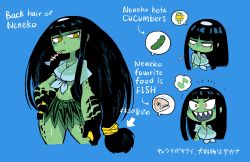 Rule 34 | 1girl, :d, black hair, black skin, blue background, breasts, cleavage, closed mouth, colored skin, cowboy shot, cropped legs, cropped shirt, cucumber, english text, fish, fish skeleton, flower, green skin, hand on own hip, highres, kappa, long hair, looking at viewer, low-tied long hair, medium breasts, monster girl, mouth hold, multicolored skin, multiple views, neneko (rariatto), notice lines, open mouth, original, rariatto (ganguri), ringed eyes, sharp teeth, shirt, short sleeves, simple background, smile, spitting, standing, teeth, thumbs down, tied shirt, translation request, two-tone skin, typo, upper teeth only, very long hair, webbed hands, wet, wet clothes, wet shirt, yellow flower