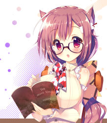 Rule 34 | 1girl, animal ears, blush, book, breasts, brown hair, cat ears, chair, detached sleeves, english text, glasses, holding, holding book, huge breasts, long hair, looking at viewer, open book, open mouth, original, reading, red eyes, shimesaba kohada, sitting, smile, solo, sweater, text focus