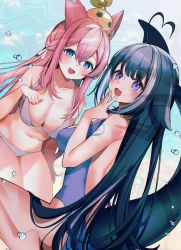 Rule 34 | 2girls, ahoge, animal ears, arm tattoo, backless swimsuit, bikini, black hair, blue eyes, blue one-piece swimsuit, blush, breasts, cetacean tail, cleavage, commentary, dog ears, dog girl, english commentary, facial tattoo, fang, fins, fish tail, grey bikini, heart, heart ahoge, highres, indie virtual youtuber, large breasts, long hair, looking at viewer, looking back, multicolored hair, multiple girls, navel, one-piece swimsuit, open mouth, orca girl, pink hair, shylily, shylily (3rd costume), skin fang, streaked hair, swimsuit, tail, tattoo, very long hair, virtual youtuber, vyugen, white hair, yuniiho