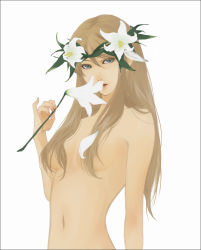 Rule 34 | 1girl, ario (solopart), blue eyes, brown hair, censored, convenient censoring, eyelashes, flower, green eyes, hair between eyes, hair censor, hair flower, hair ornament, hair over breasts, long hair, navel, nude, realistic, simple background, solo, sound horizon, white background