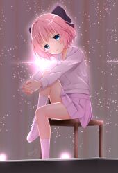 Rule 34 | 1girl, absurdres, black bow, blue eyes, bow, commentary request, dark background, grin, hair bow, highres, hiiragi kae, hood, hood down, hoodie, interlocked fingers, knee up, lens flare, long sleeves, looking at viewer, miniskirt, on stool, own hands clasped, own hands together, pink hair, pink skirt, pleated skirt, re:stage!, shoes, short hair, signature, sitting, skirt, smile, sneakers, socks, solo, white footwear, white hoodie, white socks, yutuki ame