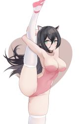 Rule 34 | 1girl, absurdres, animal ear fluff, animal ears, aqua eyes, armpits, arms up, bad id, bad pixiv id, black choker, black hair, blush, breasts, cat ears, cat girl, choker, cleavage, closed mouth, collarbone, commentary, covered navel, english commentary, groin, hair between eyes, heart, heart background, highres, large breasts, leg up, leotard, long hair, looking at viewer, original, pink footwear, pink leotard, skindentation, solo, split, standing, standing on one leg, standing split, strapless, strapless leotard, thighhighs, thighs, two-tone background, very long hair, white thighhighs, yuuraku yuraku