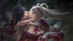 Rule 34 | 2girls, ahri (league of legends), animal ears, arm around neck, artstation sample, bare shoulders, black hair, blue eyes, braid, breasts, brooch, cleavage, couple, crown braid, dated, dress, energy, eyelashes, eyeshadow, facial mark, finger to face, fingernails, floating hair, fox ears, fox tail, glitter, gloves, hair rings, hairband, half-closed eyes, head tilt, highres, hug, hug from behind, image sample, jewelry, lace, lace-trimmed gloves, lace trim, large breasts, league of legends, lips, lipstick, long fingernails, long hair, looking at another, magic, makeup, medium breasts, multiple girls, multiple tails, nail polish, off-shoulder dress, off shoulder, parted lips, pink dress, pink lips, red nails, signature, silver hair, single braid, sona (league of legends), sweetheart sona, swept bangs, tail, whisker markings, white gloves, wide sleeves, yu-han chen, yuri