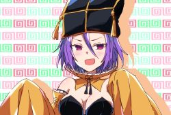 Rule 34 | 1girl, azami masurao, bare shoulders, breasts, cleavage, detached collar, detached sleeves, fate/grand order, fate (series), hair between eyes, hat, highres, open mouth, purple eyes, purple hair, short hair, solo, wide sleeves, wu zetian (fate), wu zetian (swimsuit caster) (fate), wu zetian (swimsuit caster) (second ascension) (fate)