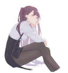 Rule 34 | 1girl, arm support, black pantyhose, braid, cropped legs, crossed legs, french braid, from side, girls&#039; frontline, hair ribbon, hand on own face, hand on own knee, highres, looking at viewer, masshiromilktea11014, one side up, pantyhose, purple hair, red eyes, red ribbon, ribbon, sideways glance, simple background, sitting, solo, wa2000 (girls&#039; frontline), white background