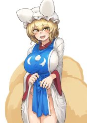 Rule 34 | 1girl, animal ears, animal hat, blonde hair, blush, breasts, chanta (ayatakaoisii), clothes lift, cowboy shot, curvy, dress, dress lift, extra ears, fox ears, fox tail, hat, highres, huge breasts, lifting own clothes, looking at viewer, mob cap, multiple tails, open mouth, panties, mob cap, slit pupils, smile, solo, standing, sweatdrop, tabard, tail, thick thighs, thighs, touhou, underwear, white dress, white panties, wide hips, wide sleeves, yakumo ran
