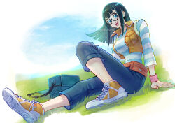 Rule 34 | black hair, blue eyes, blue pants, blue shirt, blurry, blurry background, breasts, carly nagisa, full body, glasses, izapara, looking at viewer, medium breasts, medium hair, on grass, open mouth, orange footwear, orange vest, pants, round eyewear, shirt, shoes, smile, striped clothes, striped shirt, teeth, tongue, vest, white shirt, yu-gi-oh!, yu-gi-oh! 5d&#039;s