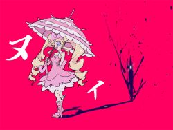Rule 34 | 10s, 1girl, bad id, bad pixiv id, blonde hair, boots, bow, dondonco, dress, drill hair, eyepatch, frills, hair bow, harime nui, kill la kill, long hair, parasol, pink bow, pink footwear, scissor blade (kill la kill), smile, solo, spoilers, strapless, strapless dress, twin drills, twintails, umbrella