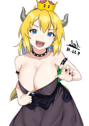 Rule 34 | 1girl, 9nojo, absurdres, armlet, bare shoulders, black collar, black dress, blonde hair, blue eyes, bowsette, bracelet, breasts, cleavage, cleavage reach, collar, commentary request, crown, dated, dress, earrings, fingernails, highres, horns, jewelry, large breasts, long hair, looking at viewer, mario (series), new super mario bros. u deluxe, nintendo, pointy ears, ponytail, sharp fingernails, sharp teeth, signature, simple background, solo, spiked armlet, spiked bracelet, spiked collar, spiked shell, spiked tail, spikes, strapless, strapless dress, super crown, tail, teeth, turtle shell, white background