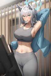 Rule 34 | 1girl, absurdres, alternate costume, animal ears, arm up, armpits, bare shoulders, blue archive, blue eyes, blue halo, blue jacket, blush, breasts, collarbone, gileu, grey hair, grey pants, grey sports bra, halo, highres, jacket, large breasts, medium hair, midriff, navel, off shoulder, open clothes, open jacket, pants, parted lips, shiroko (blue archive), smile, solo, sports bra, stomach, thighs, yoga pants