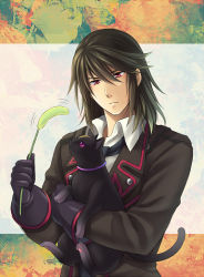 Rule 34 | 1boy, black hair, cat, cattail, expressionless, formal, gaius (tales), gloves, highres, juu ya, male focus, plant, red eyes, solo, suit, tales of (series), tales of xillia, tales of xillia 2