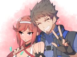 Rule 34 | 1boy, 1girl, aged up, bare shoulders, breasts, brown hair, chest jewel, cleavage, core crystal (xenoblade), criss-cross halter, facial hair, father and daughter, fingerless gloves, glimmer (xenoblade), gloves, grin, halterneck, high ponytail, highres, japanese clothes, kimono, long hair, medium breasts, official alternate costume, official alternate hairstyle, osora (judithandlilith), ponytail, red hair, rex (xenoblade), scar, scar across eye, short hair, smile, spiked hair, swept bangs, teeth, white kimono, xenoblade chronicles (series), xenoblade chronicles 3, xenoblade chronicles 3: future redeemed