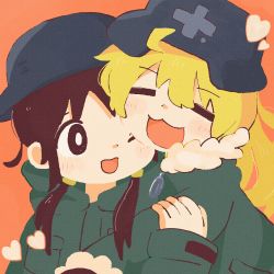 Rule 34 | 2girls, 3;, = =, ahoge, black eyes, black hair, black headwear, blonde hair, blush stickers, breast pocket, bright pupils, brodie helmet, chito (shoujo shuumatsu ryokou), close-up, closed eyes, dot nose, facing viewer, fur trim, hair between eyes, hand on another&#039;s arm, hand up, heads together, heart, helmet, highres, hishimatope, hood, hood down, long hair, long sleeves, looking at another, looking to the side, low twintails, military, combat helmet, military uniform, multiple girls, no lineart, one eye closed, open mouth, orange background, outstretched arm, pocket, shoujo shuumatsu ryokou, simple background, sleeves past wrists, smile, stahlhelm, tareme, twintails, uniform, upper body, white pupils, yuuri (shoujo shuumatsu ryokou)