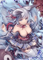 Rule 34 | 1girl, akkijin, animal ears, armpits, bare shoulders, breasts, fox ears, fox girl, fox tail, frilled skirt, frills, ghost, hair ornament, hitodama, japanese clothes, looking at viewer, medium breasts, multiple tails, official art, purple eyes, shinkai no valkyrie, short hair, silver hair, skirt, sky, tail, thighhighs