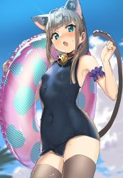 Rule 34 | 1girl, :o, absurdres, animal ear fluff, animal ears, arm scrunchie, armpits, bare arms, bare shoulders, bell, blue eyes, blue one-piece swimsuit, blue sky, blunt bangs, blush, breasts, brown thighhighs, cat ears, cat girl, cat tail, cloud, collar, commentary request, competition swimsuit, copyright request, covered navel, cowboy shot, day, fang, from below, glint, grey hair, highres, holding, holding swim ring, innertube, jingle bell, kanzarin, long hair, looking at viewer, looking down, nose blush, one-piece swimsuit, open mouth, outdoors, sidelocks, skin fang, sky, small breasts, solo, sweat, swim ring, swimsuit, tail, thighhighs, water drop