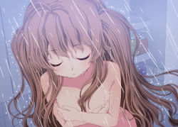 Rule 34 | 1girl, after rape, breast hold, breasts, brown hair, closed eyes, collarbone, covering privates, covering breasts, crossed arms, facing viewer, fingernails, hair between eyes, indoors, long hair, nude, original, parted lips, rape, shampoo bottle, showering, small breasts, solo, suzune rai, tile wall, tiles, two side up, very long hair, water, wet, wet hair