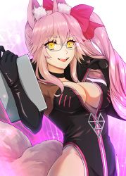 Rule 34 | 1girl, animal ear fluff, animal ears, black bodysuit, bodysuit, bow, breasts, center opening, choker, cleavage, clipboard, fate/grand order, fate (series), fox ears, fox girl, fox tail, glasses, hair between eyes, hair bow, highres, hip vent, koyanskaya (assassin) (first ascension) (fate), koyanskaya (fate), large breasts, long hair, looking at viewer, open mouth, pink bow, pink hair, ponytail, rokuo016, sidelocks, smile, solo, tail, tamamo (fate), yellow eyes