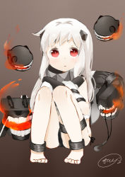 Rule 34 | 10s, 1girl, abyssal ship, anklet, bad id, bad pixiv id, brown background, fire, fire, horns, jewelry, kantai collection, katori (quietude), long hair, lowres, northern ocean princess, red eyes, sitting, white hair