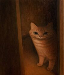 Rule 34 | animal, animal focus, cat, closed mouth, commentary request, doorway, highres, indoors, karin hosono, looking at viewer, no humans, orange cat, original, realistic, sitting, solo