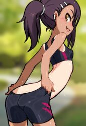 Rule 34 | 1girl, absurdres, ass, back, bare arms, bare shoulders, beeru (veil8801), bike shorts, blush, breasts, clothes pull, cowboy shot, day, earclip, fang, female focus, from side, green background, hair ornament, hairclip, highres, ijiranaide nagatoro-san, long hair, midriff, nagatoro hayase, nape, nose blush, official alternate costume, open mouth, outdoors, petite, ponytail, pulled by self, purple hair, small breasts, smile, solo, sportswear, standing, sweat, tan, tanline, tsurime, yellow eyes