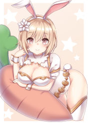 Rule 34 | 10s, 1girl, alternate costume, animal ears, bad id, bad pixiv id, blonde hair, blush, breasts, carrot, closed mouth, cropped legs, djeeta (granblue fantasy), eyebrows, fake animal ears, flower, gluteal fold, granblue fantasy, hair between eyes, hair flower, hair ornament, hairband, large breasts, leotard, looking at viewer, puffy short sleeves, puffy sleeves, rabbit ears, rabbit tail, red eyes, sage (granblue fantasy), short hair, short sleeves, smile, solo, star (symbol), stuffed carrot, tail, thigh gap, thighhighs, white flower, white thighhighs, wrist cuffs, yuzu-aki