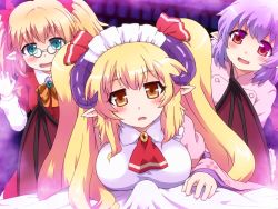 Rule 34 | 3girls, :d, aqua eyes, ascot, blonde hair, blush, breasts, character request, commentary request, copyright request, demon horns, demon wings, erection under blanket, fang, glasses, hair ribbon, horns, long hair, looking at viewer, maid headdress, multiple girls, open mouth, orange eyes, pince-nez, pointy ears, pov, purple hair, red eyes, ribbon, shirosato, smile, twintails, wide sleeves, wings