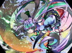 Rule 34 | 1girl, bare shoulders, black thighhighs, breasts, colorful, detached sleeves, female focus, green eyes, green hair, hatsune miku, leaning forward, long hair, mariwai (marireroy), matching hair/eyes, pleated skirt, shinri ibitsu, skirt, solo, thighhighs, twintails, very long hair, vocaloid, zettai ryouiki