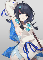Rule 34 | 1girl, amagasa yun, arm behind head, arm up, armpits, bare shoulders, black hair, blue eyes, blue ribbon, breasts, closed mouth, dress, fate/grand order, fate/requiem, fate (series), hair ornament, highres, jewelry, long sleeves, looking at viewer, medium breasts, medium hair, necklace, pelvic curtain, pink hair, polearm, ribbon, seigaiha, short dress, sideboob, sidelocks, simple background, spear, two-sided fabric, two-sided skirt, utsumi erice, weapon, white dress