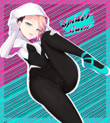 Rule 34 | 1girl, absurdres, animification, ballet slippers, black hair, blonde hair, blue eyes, blue footwear, blush, bodysuit, breasts, character name, commentary, covered navel, eyebrow piercing, feet out of frame, gwen stacy, hand on own knee, head tilt, highres, hood, hooded bodysuit, leotard, looking at viewer, marvel, multicolored hair, open mouth, pantyhose, piercing, short hair, skin tight, smile, solo, spider-gwen, spider-man: into the spider-verse, spider-man (series), spider-verse, spider web print, superhero costume, temari rin
