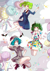 Rule 34 | :d, :o, abstract background, absurdres, ahoge, alternate costume, alternate hair color, balloon, blue dress, cross-laced footwear, detective, dress, ga.n, gradient eyes, green hair, hand on own hip, hand on own head, hand up, hands up, high heels, highres, lace-up heels, macross, macross frontier, multicolored eyes, multiple persona, open mouth, plaid, pleated dress, ranka lee, red eyes, smile