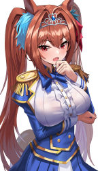 Rule 34 | 1girl, absurdres, animal ears, arm under breasts, blue jacket, blush, breasts, brown hair, commentary request, daiwa scarlet (umamusume), epaulettes, fang, hair between eyes, hair intakes, hair ornament, hand up, highres, horse ears, horse girl, jacket, large breasts, long hair, looking at viewer, onedoo, open mouth, red eyes, shirt, skin fang, solo, tiara, umamusume, very long hair, white background, white shirt