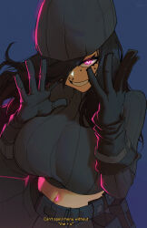 Rule 34 | 1girl, absurdres, beanie, belt, black belt, black gloves, black hair, black hat, black pants, black sweater, blue background, breasts, commentary, crop top, cropped sweater, english commentary, floating hair, gloves, glowing, glowing eye, hat, highres, huge breasts, lewdicy, long hair, midriff peek, navel, one eye covered, open hands, original, pants, parted lips, pink eyes, ribbed sweater, smile, solo, sweater