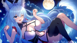 1girl 39rini_(vtuber) 60mai ahoge animal_ears black_leggings blue_eyes blue_hair breasts cat_ears cat_girl cat_tail cleavage cloud commission facial_mark full_moon heart heart_facial_mark indie_virtual_youtuber large_breasts leggings linea_alba long_hair moon nail_polish navel night night_sky one_eye_closed open_mouth paw_pose single_detached_legging skeb_commission sky solo star_(sky) tail teeth upper_teeth_only virtual_youtuber