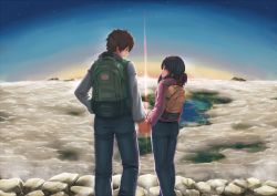 Rule 34 | 1boy, 1girl, backpack, bag, black hair, brown bag, brown hair, castlevania (series), cloud, commentary request, denim, green bag, holding hands, highres, it was a long and painful fight, jacket, jeans, kimi no na wa., looking at another, miyamizu mitsuha, pants, parody, ranma (kamenrideroz), spoilers, sunset, tachibana taki