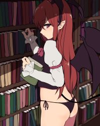 Rule 34 | 1girl, alternate eye color, armband, ass, back, black panties, black vest, blurry, blurry background, book, bookshelf, bow, bowtie, breasts, butt crack, commentary request, demon girl, demon tail, demon wings, artistic error, fang, fang out, from side, hair between eyes, head wings, highres, holding, holding book, indoors, juliet sleeves, koakuma, light, long sleeves, looking at viewer, looking to the side, maroon eyes, maroon neckwear, marsen, medium breasts, no pants, panties, pointy ears, profile, puffy sleeves, red bow, red bowtie, red hair, shirt, side-tie panties, solo, standing, string panties, tail, thighs, touhou, underwear, vest, white shirt, wings