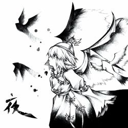 Rule 34 | 1girl, animal ears, bird, chaotic-unknown, chaoticunknown, dress, female focus, greyscale, hat, monochrome, mystia lorelei, short hair, solo, touhou, wide sleeves, wings
