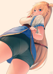 Rule 34 | 1girl, akai haato, akai haato (1st costume), ass, blonde hair, blouse, blue eyes, blush, clothes lift, from behind, from below, hair between eyes, highres, hololive, lifted by self, long hair, looking back, looking down, magowasabi, nail polish, pantylines, shirt, short shorts, shorts, simple background, skirt, skirt lift, smile, solo, very long hair, virtual youtuber, white background, white shirt