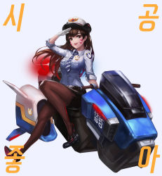 Rule 34 | &gt;:3, 1girl, :3, :d, absurdres, adapted costume, animal print, arm at side, belt, belt buckle, black footwear, black skirt, blue shirt, breast pocket, breasts, brown belt, brown eyes, brown hair, brown pantyhose, buckle, busan police hovercycle, buttons, character name, collared shirt, commentary, d.va (overwatch), eyelashes, facepaint, facial mark, female service cap, full body, gloves, hand up, heroes of the storm, high heels, highres, hovercycle, impossible necktie, knee up, korean text, lipstick, long hair, long sleeves, looking at viewer, makeup, miniskirt, motor vehicle, motorcycle, name tag, necktie, officer d.va, official alternate costume, open mouth, overwatch, overwatch 1, pantyhose, parted lips, pink lips, pocket, police, police uniform, policewoman, qsun, rabbit print, salute, shirt, shoes, side slit, simple background, sitting, skirt, sleeves rolled up, smile, solo, striped necktie, striped neckwear, teeth, tie clip, uniform, v-shaped eyebrows, vehicle, whisker markings, white gloves, wing collar